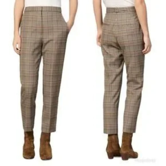 Sandro Pants Stainy Plaid Check Tapered Ankle Crop Neutral Work Modern Sz 34 XS - Picture 1 of 14